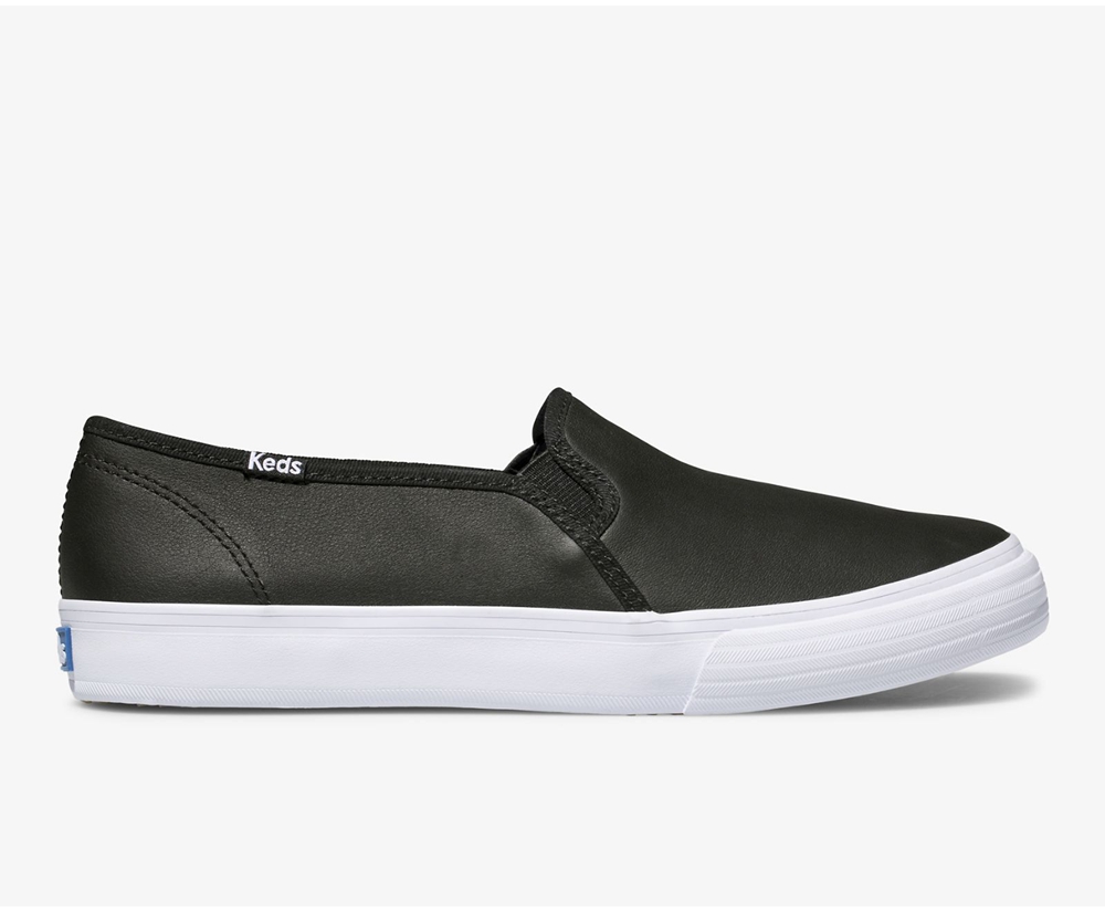 Keds Slip Ons Black - Double Decker Leather - Womens EFNPMK-603